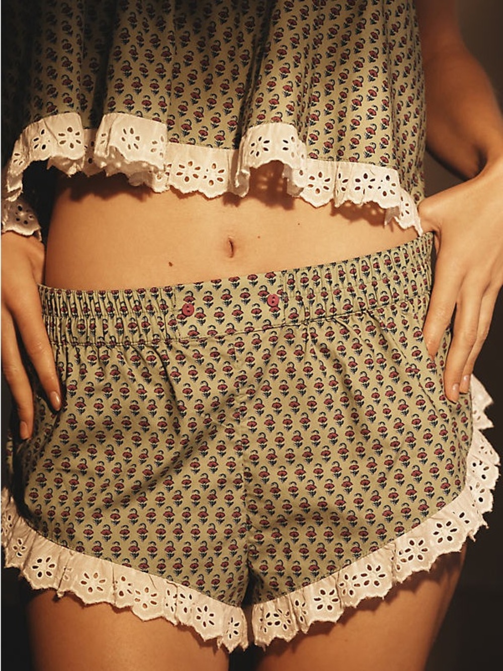 Anthropologie Eyelet Lace Trim Green Printed PJ Shorts